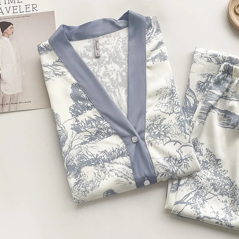 Lisacmvpnel Ice Silk Print Fashion Women Pajama Set Long Sleeve Suit Pajamas