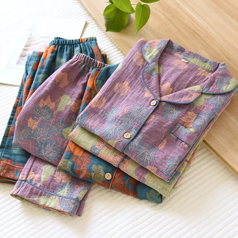 Japanese Spring and Autumn New Women's Pajama Set 100% Cotton Vintage Long Sleeved Pants Two Piece Set for Home Furnishings