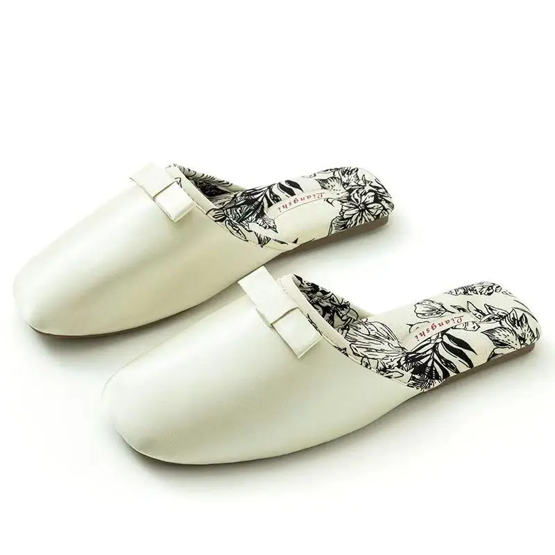 New Women's Autumn Winter Silk Baotou Slippers Rubber Sole Lovely Bow Home Slippers Non Slip High Quality Floor Silent Slippers