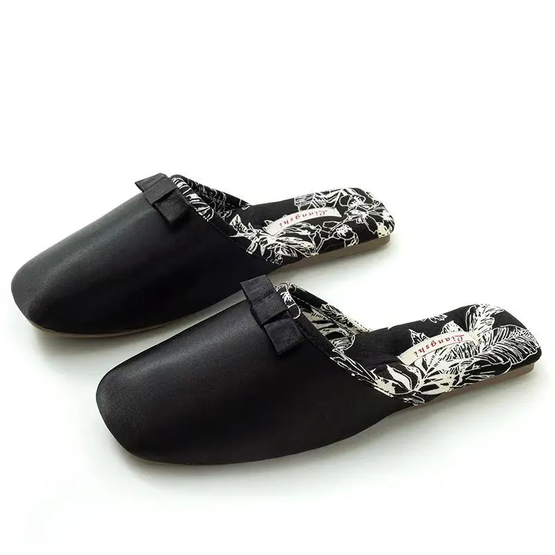 New Women's Autumn Winter Silk Baotou Slippers Rubber Sole Lovely Bow Home Slippers Non Slip High Quality Floor Silent Slippers