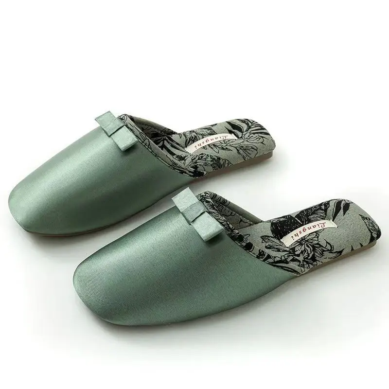 New Women's Autumn Winter Silk Baotou Slippers Rubber Sole Lovely Bow Home Slippers Non Slip High Quality Floor Silent Slippers
