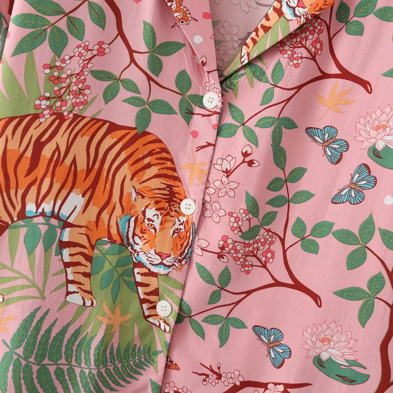 Tiger Animals Print Cotton Pajamas for Women Comfortable Sleepwear Ladies Pajamas Suit for Spring and Summer Ladies Homewear