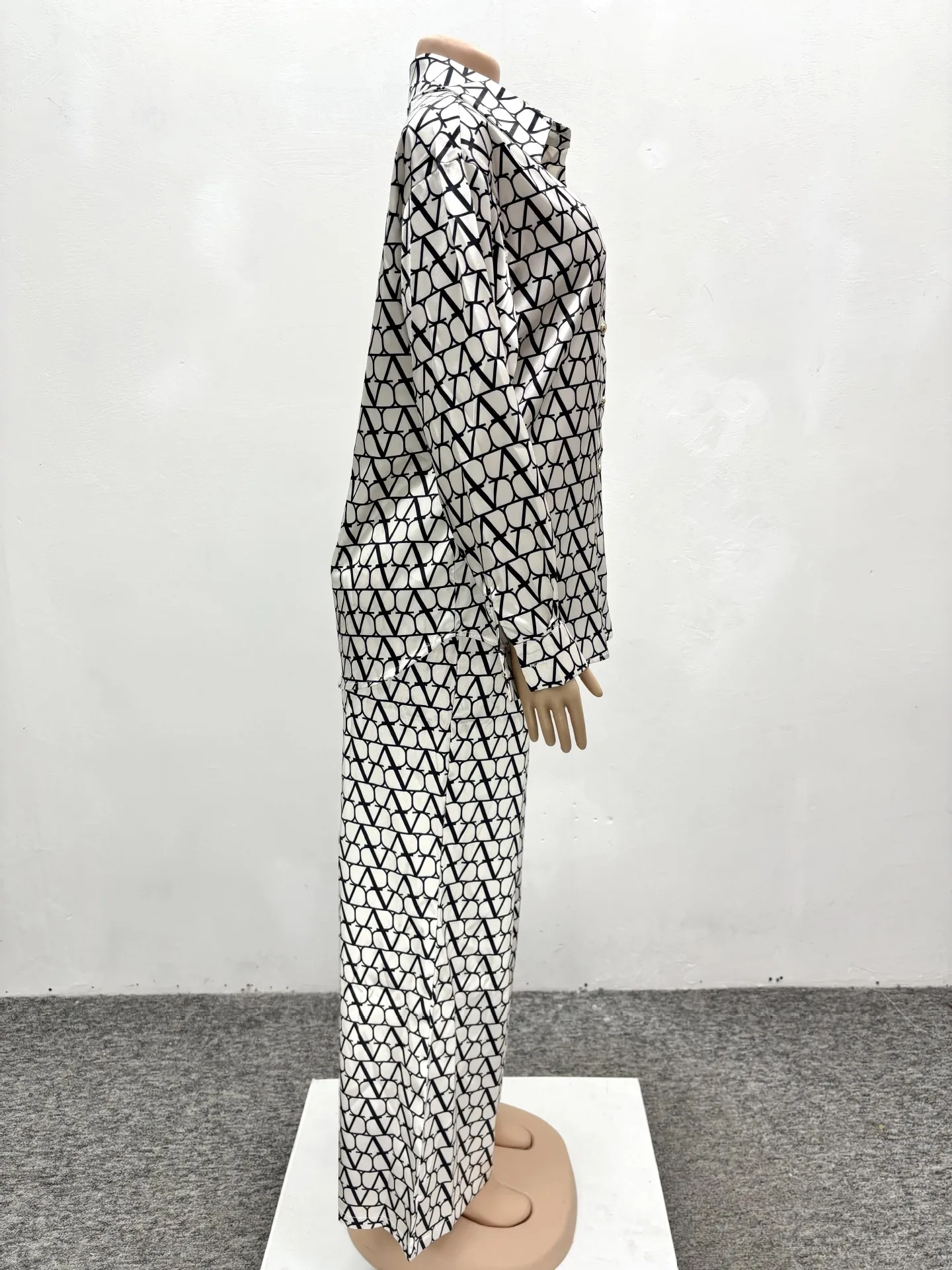 Autumn Fashion Set Woman 2 Piece Printing Long Sleeves Lapel Shirt High Waist Loose Wide Leg Pants 2025 Pant Sets Female Outfit