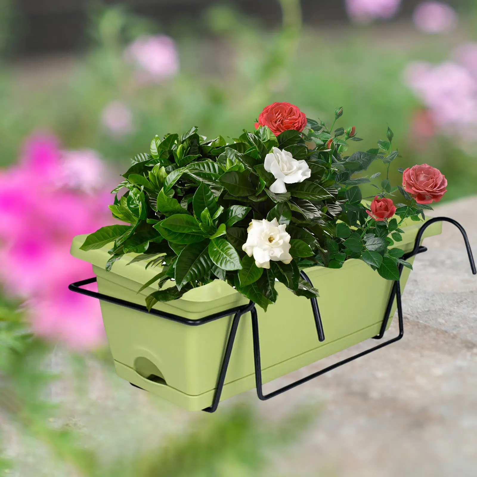 Balcony Railing Planter Plant Basket Fence Planter with Rack and Tray Flowerpot Window Box Planter for Deck Yard Countryside