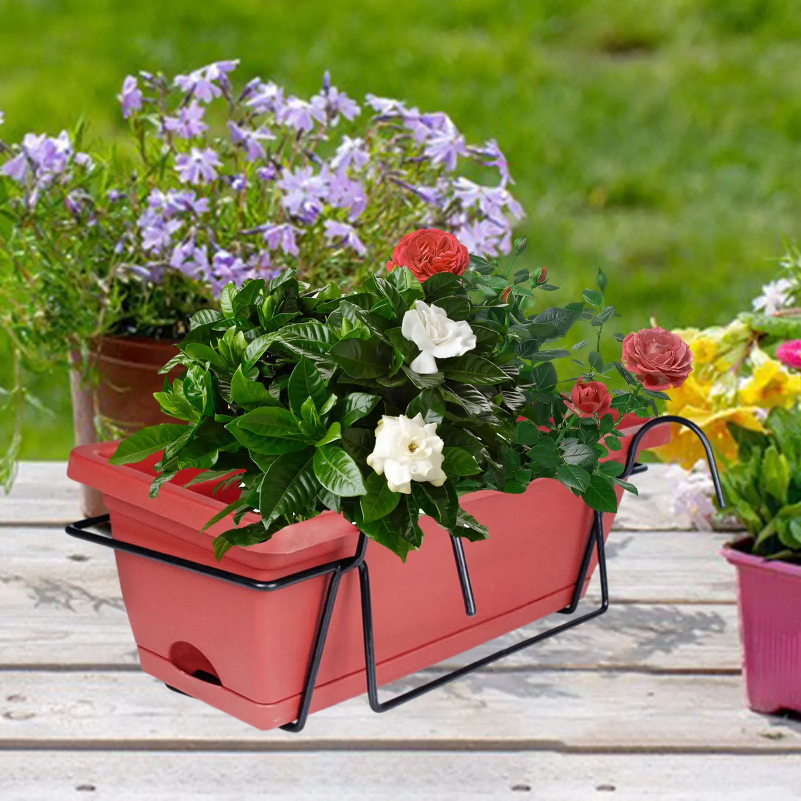 Balcony Railing Planter Plant Basket Fence Planter with Rack and Tray Flowerpot Window Box Planter for Deck Yard Countryside