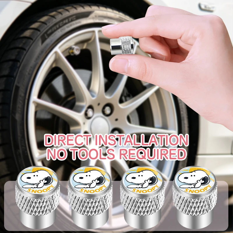 4Pcs cartoon For Snoopy Aluminum Alloy Car Tire Valve Caps Metal Wheel Rim Tyre Stem Decor Protective Cover Accessories