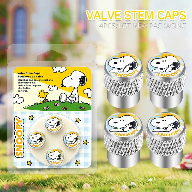 4Pcs cartoon For Snoopy Aluminum Alloy Car Tire Valve Caps Metal Wheel Rim Tyre Stem Decor Protective Cover Accessories