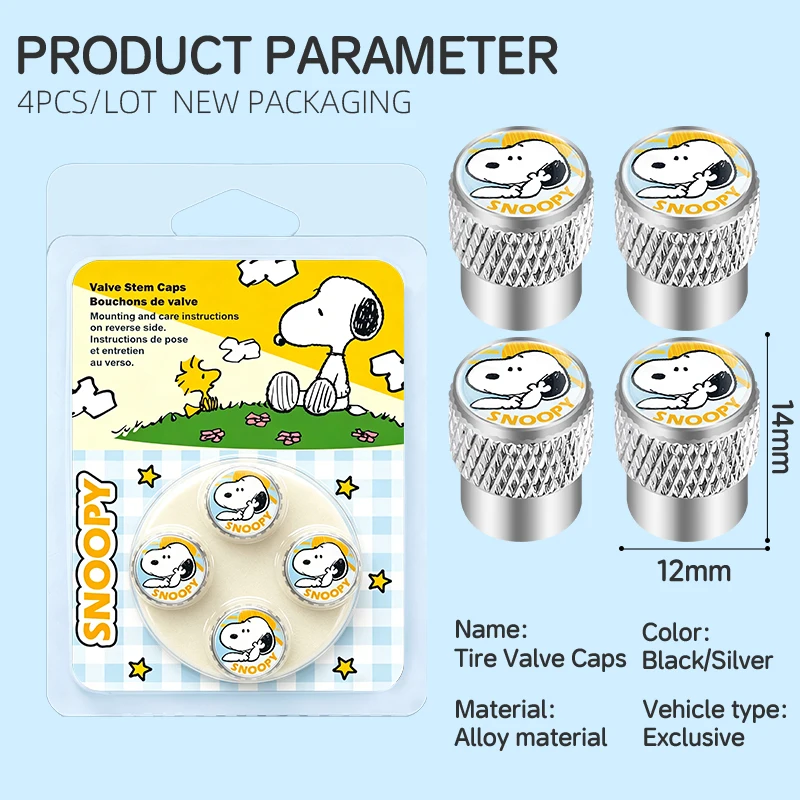 4Pcs cartoon For Snoopy Aluminum Alloy Car Tire Valve Caps Metal Wheel Rim Tyre Stem Decor Protective Cover Accessories