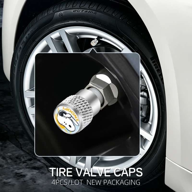 4Pcs cartoon For Snoopy Aluminum Alloy Car Tire Valve Caps Metal Wheel Rim Tyre Stem Decor Protective Cover Accessories