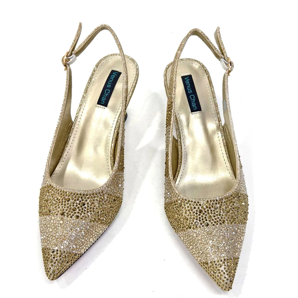 Venus Chan- Elegant High Heels Shoes and Bag Set for Women Pointed Toe Black Color Hollow Rhinestones Matching Bag INS 2024