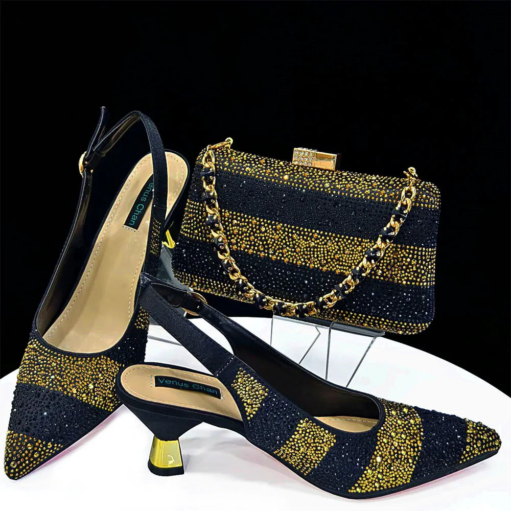 Venus Chan- Elegant High Heels Shoes and Bag Set for Women Pointed Toe Black Color Hollow Rhinestones Matching Bag INS 2024