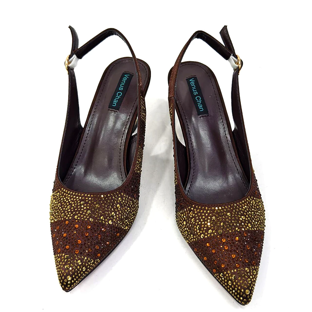 Venus Chan- Elegant High Heels Shoes and Bag Set for Women Pointed Toe Black Color Hollow Rhinestones Matching Bag INS 2024