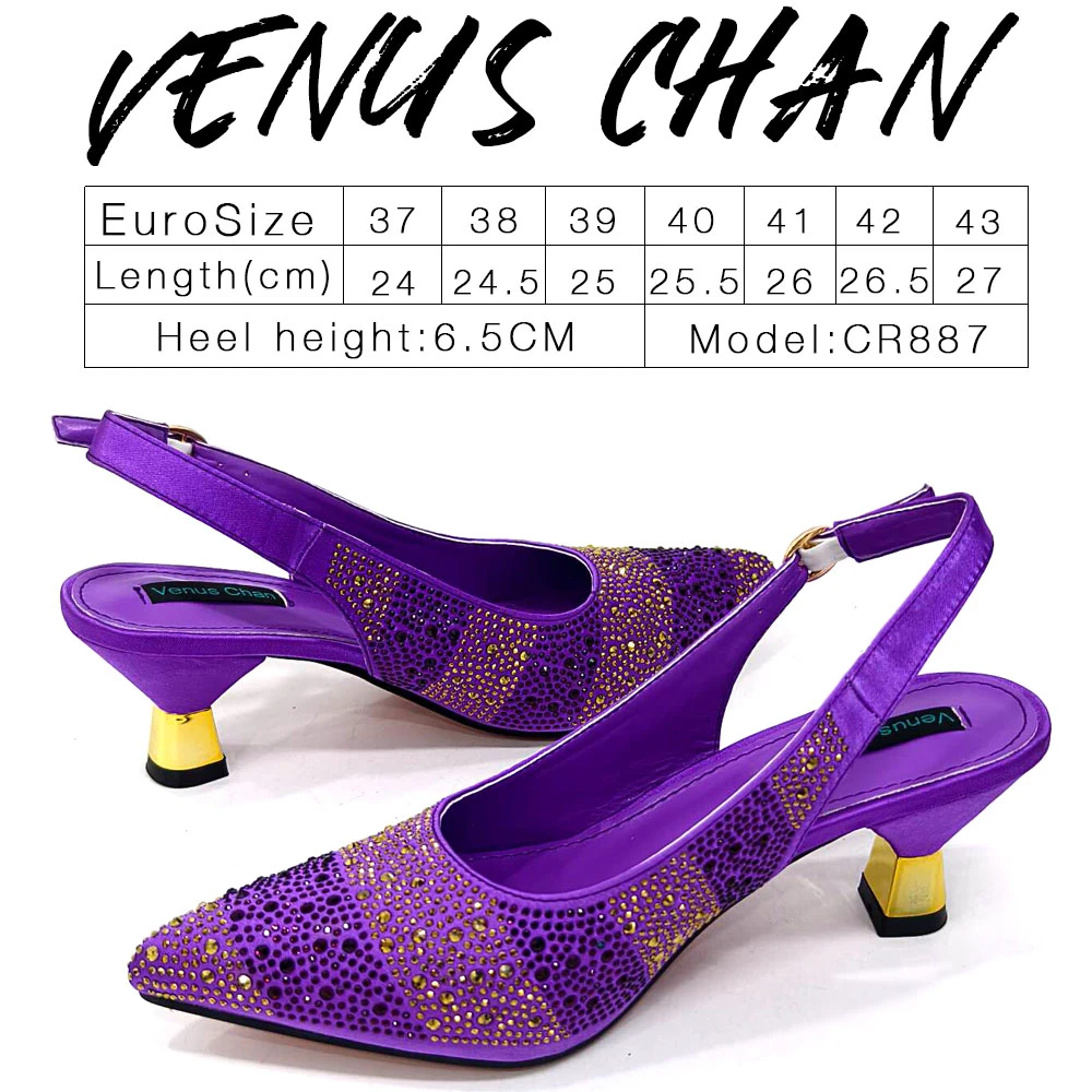 Venus Chan- Elegant High Heels Shoes and Bag Set for Women Pointed Toe Black Color Hollow Rhinestones Matching Bag INS 2024