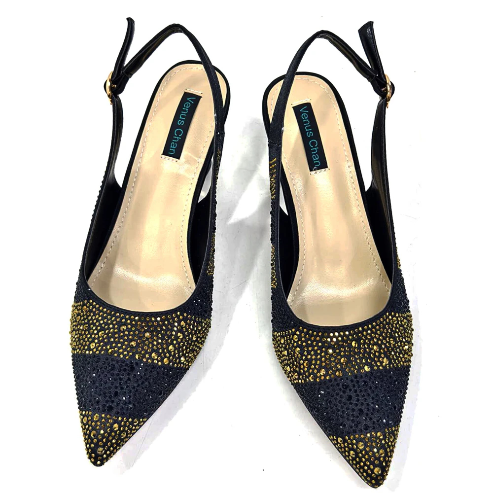Venus Chan- Elegant High Heels Shoes and Bag Set for Women Pointed Toe Black Color Hollow Rhinestones Matching Bag INS 2024