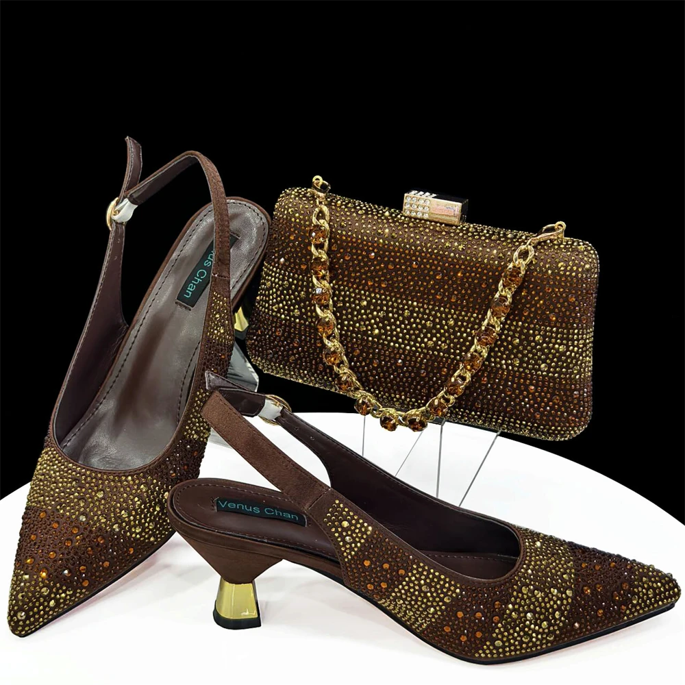 Venus Chan- Elegant High Heels Shoes and Bag Set for Women Pointed Toe Black Color Hollow Rhinestones Matching Bag INS 2024