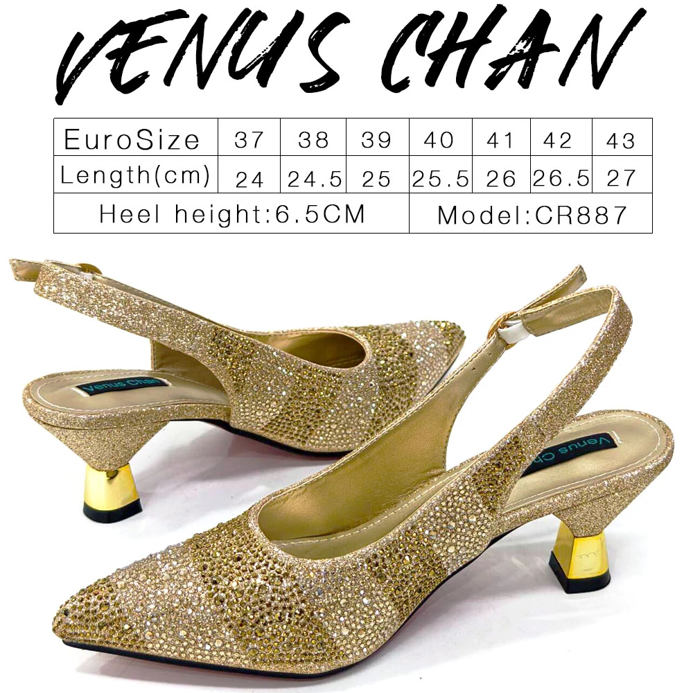 Venus Chan- Elegant High Heels Shoes and Bag Set for Women Pointed Toe Black Color Hollow Rhinestones Matching Bag INS 2024
