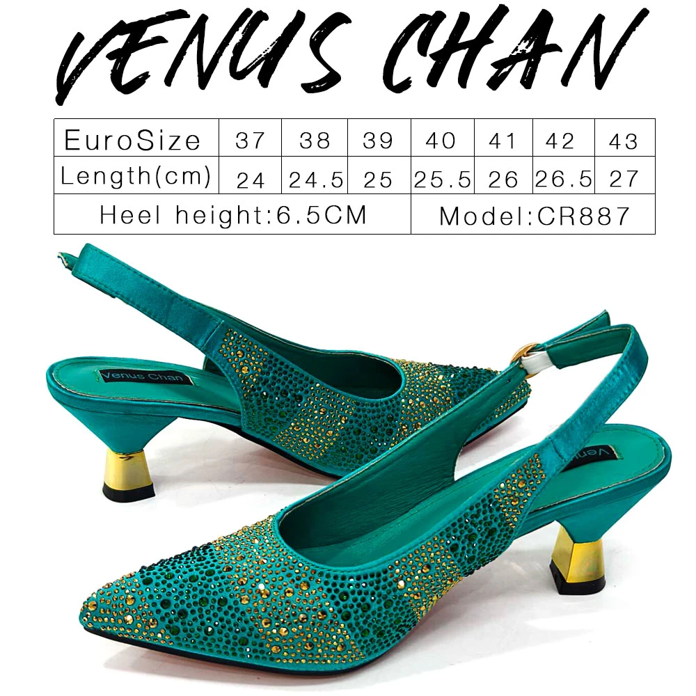 Venus Chan- Elegant High Heels Shoes and Bag Set for Women Pointed Toe Black Color Hollow Rhinestones Matching Bag INS 2024