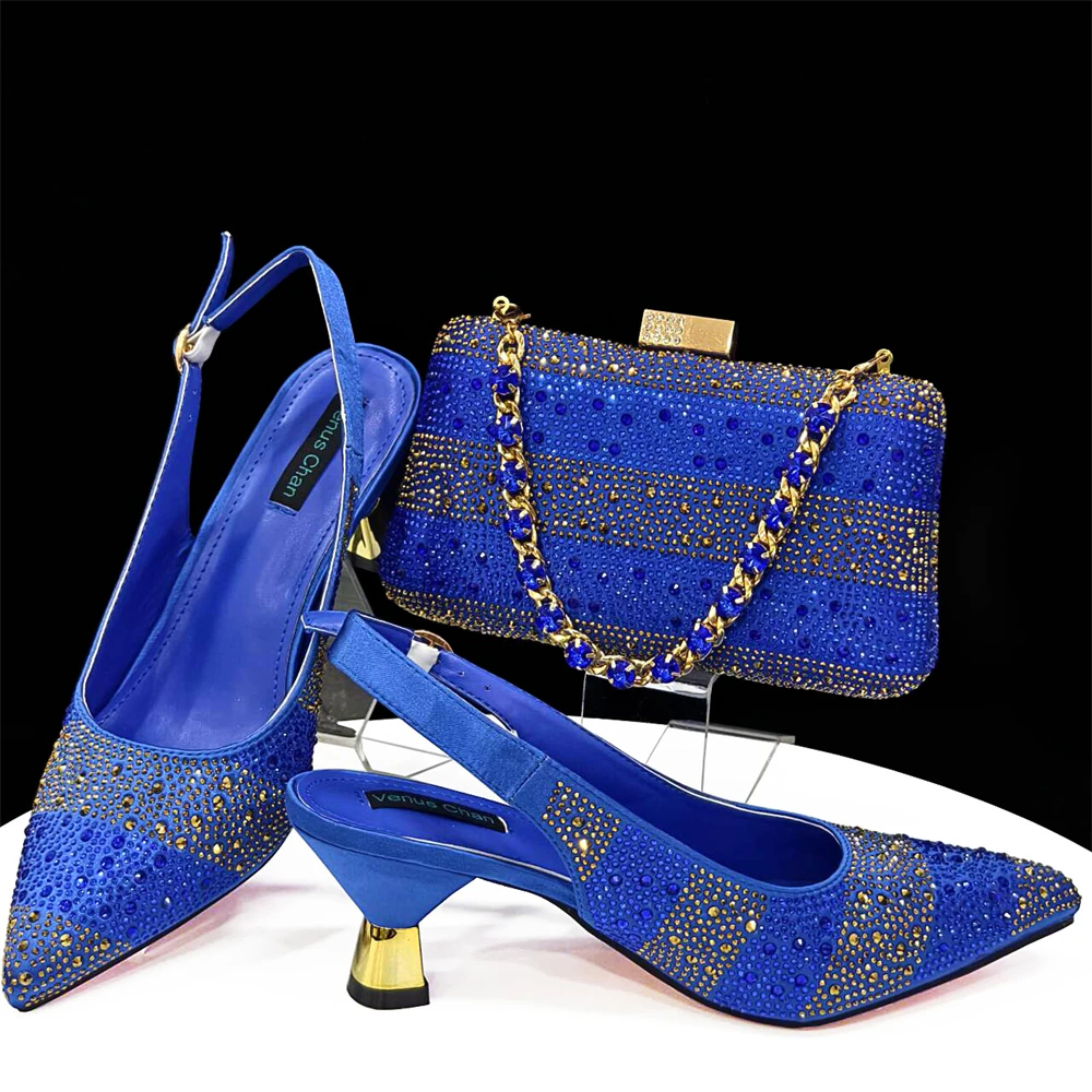 Venus Chan- Elegant High Heels Shoes and Bag Set for Women Pointed Toe Black Color Hollow Rhinestones Matching Bag INS 2024
