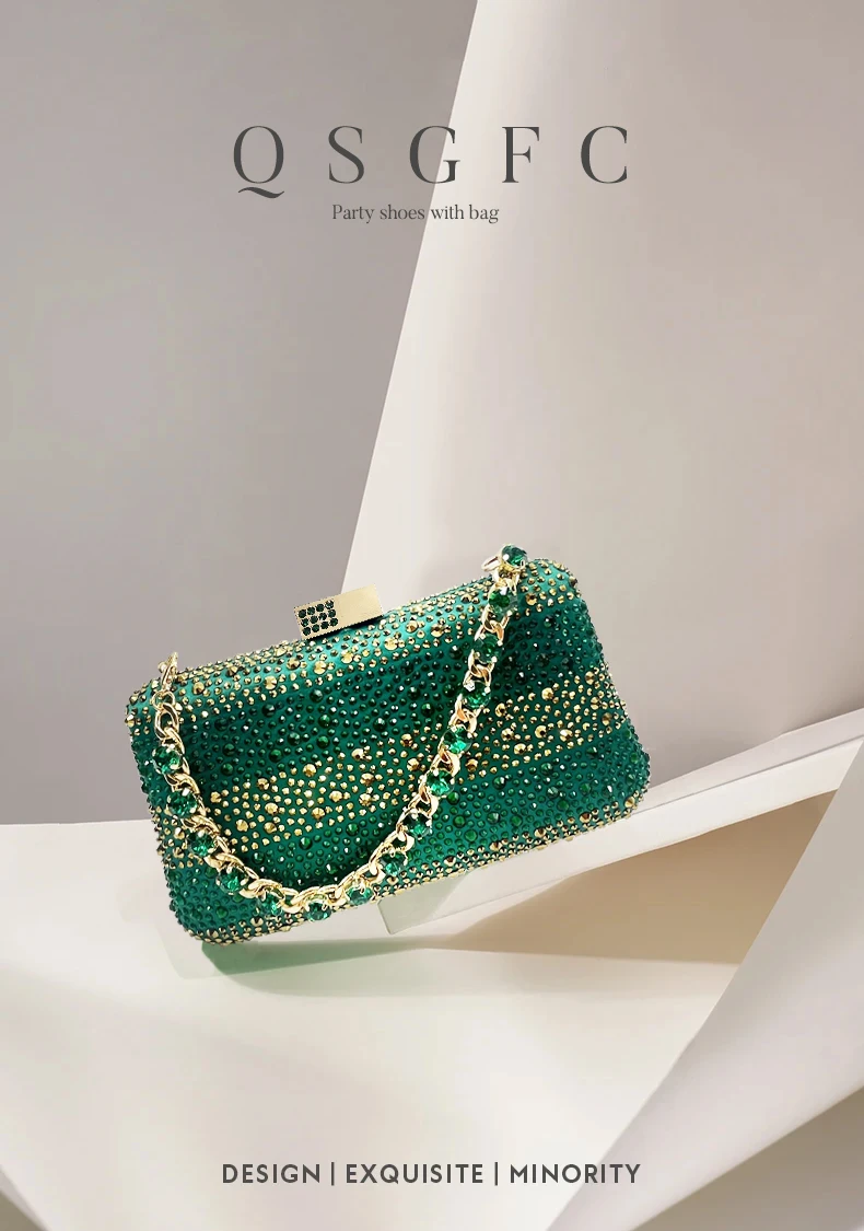 2026 Nigerian Women Heel Ladies Italian Luxury Design Green Shoes And Bag Set Decorated with Rhinestone Handbag Wedding Party