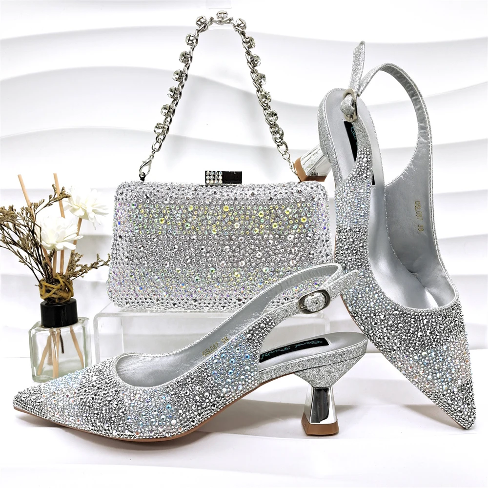 2026 Nigerian Women Heel Ladies Italian Luxury Design Green Shoes And Bag Set Decorated with Rhinestone Handbag Wedding Party