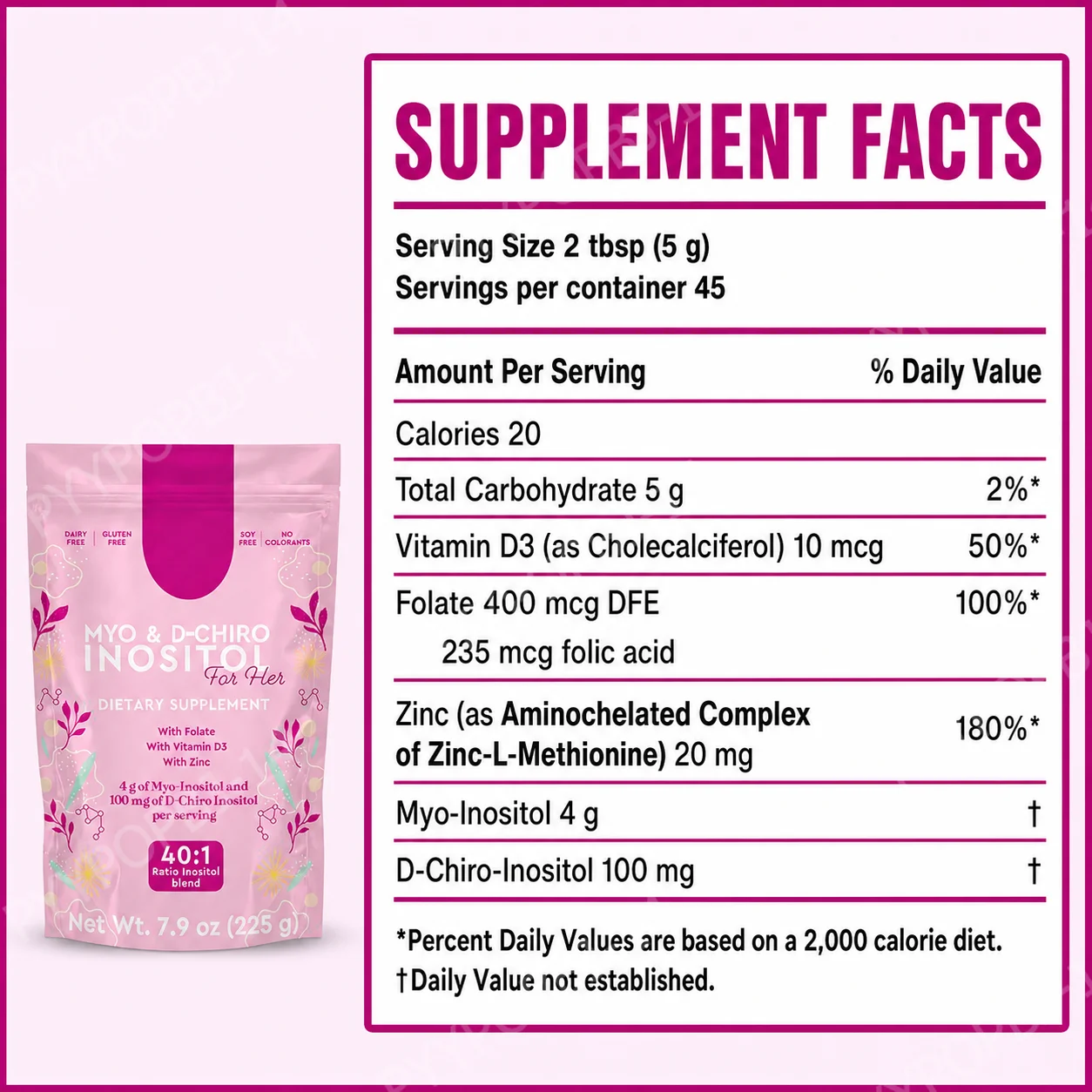 Myo Inositol & D-Chiro Inositol Powder 40:1 Ratio, 225g 45 Servings with Folate, Vitamin D3 and Zinc, Daily Nutrition