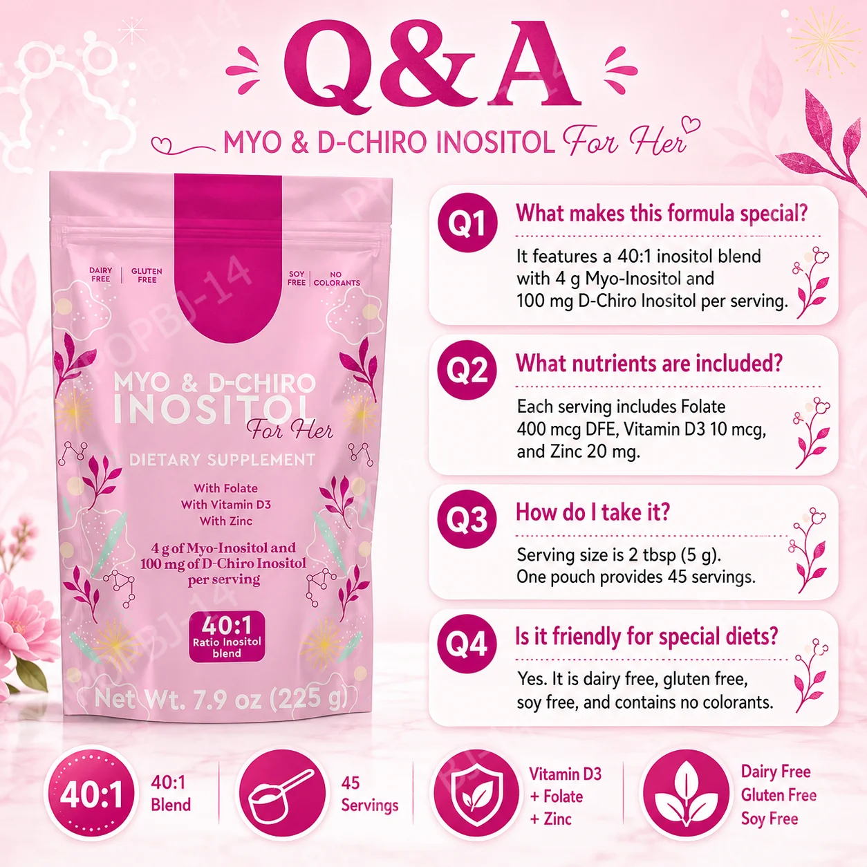 Myo Inositol & D-Chiro Inositol Powder 40:1 Ratio, 225g 45 Servings with Folate, Vitamin D3 and Zinc, Daily Nutrition