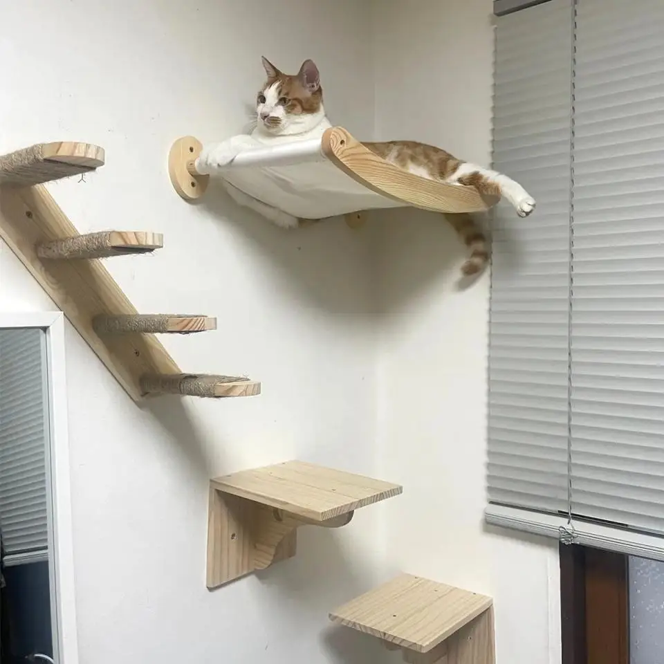Wooden Cat Tree Tower Cat Wall Furniture Climbing Shelves Perches Sisal Scratcher Hammock Steps and Ladder Indoor Cats Walk Gym