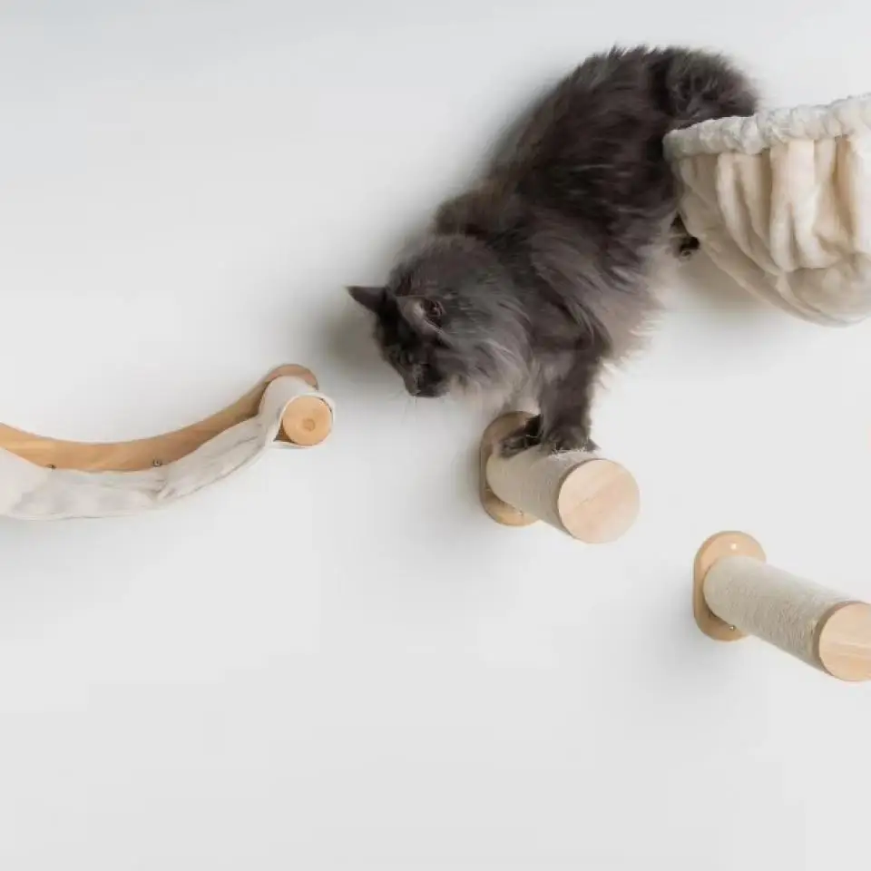 Wooden Cat Tree Tower Cat Wall Furniture Climbing Shelves Perches Sisal Scratcher Hammock Steps and Ladder Indoor Cats Walk Gym