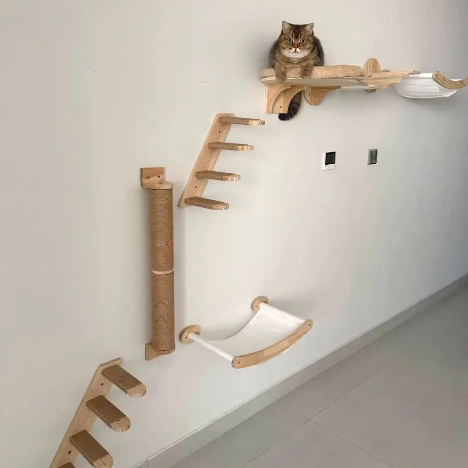 Wooden Cat Tree Tower Cat Wall Furniture Climbing Shelves Perches Sisal Scratcher Hammock Steps and Ladder Indoor Cats Walk Gym