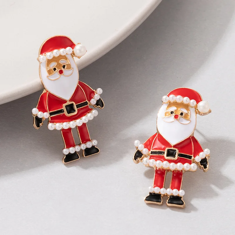 Cute Enamel Santa Claus Stud Earrings For Women Exquisite Imitation Pearl Cartoon Christmas Earring Xmas New Year Party Gifts