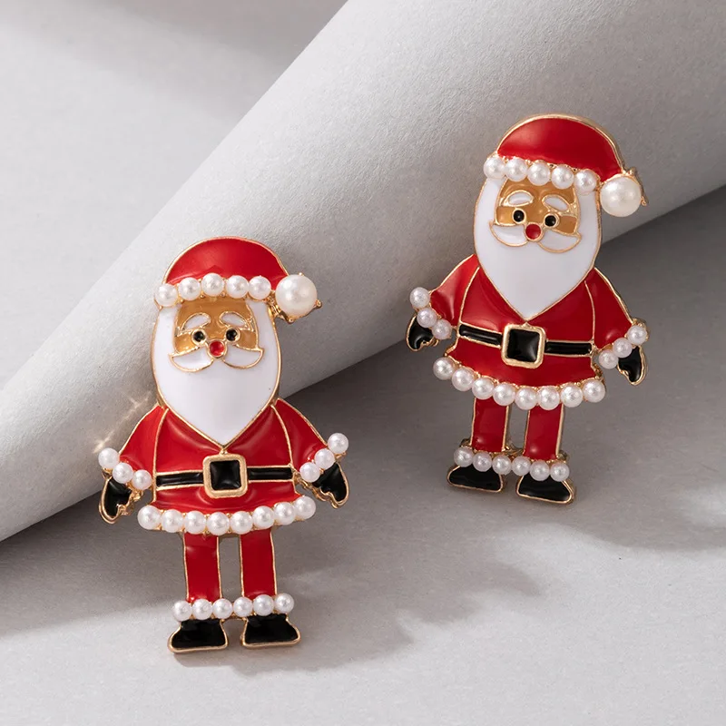 Cute Enamel Santa Claus Stud Earrings For Women Exquisite Imitation Pearl Cartoon Christmas Earring Xmas New Year Party Gifts