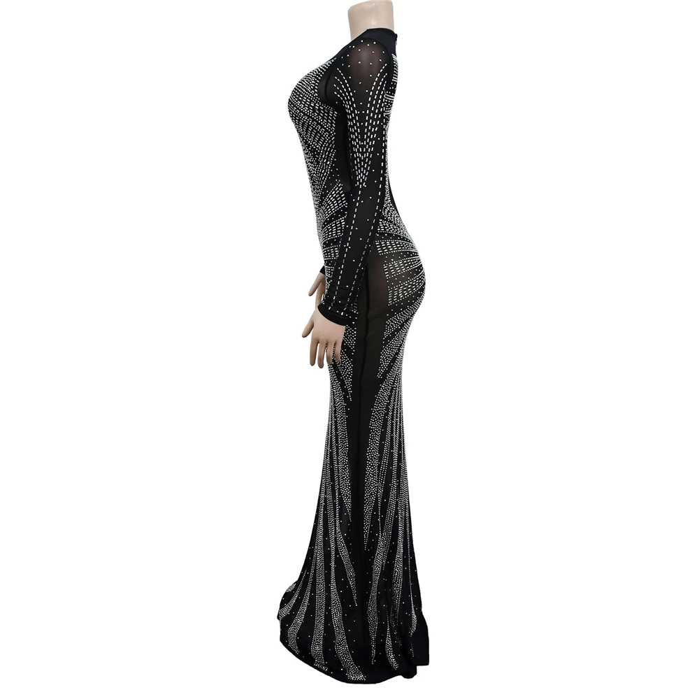 HBLL Best Quality Famous Brand Dress Shiny Diamond O-neck Long Sleeve Elegant Maxi Dress Sexy Sheer Party Dress Vestidos