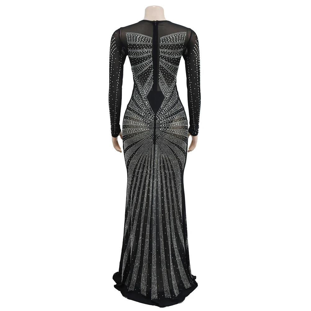 HBLL Best Quality Famous Brand Dress Shiny Diamond O-neck Long Sleeve Elegant Maxi Dress Sexy Sheer Party Dress Vestidos