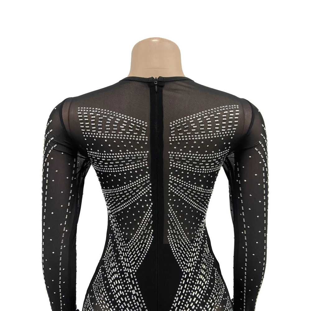 HBLL Best Quality Famous Brand Dress Shiny Diamond O-neck Long Sleeve Elegant Maxi Dress Sexy Sheer Party Dress Vestidos