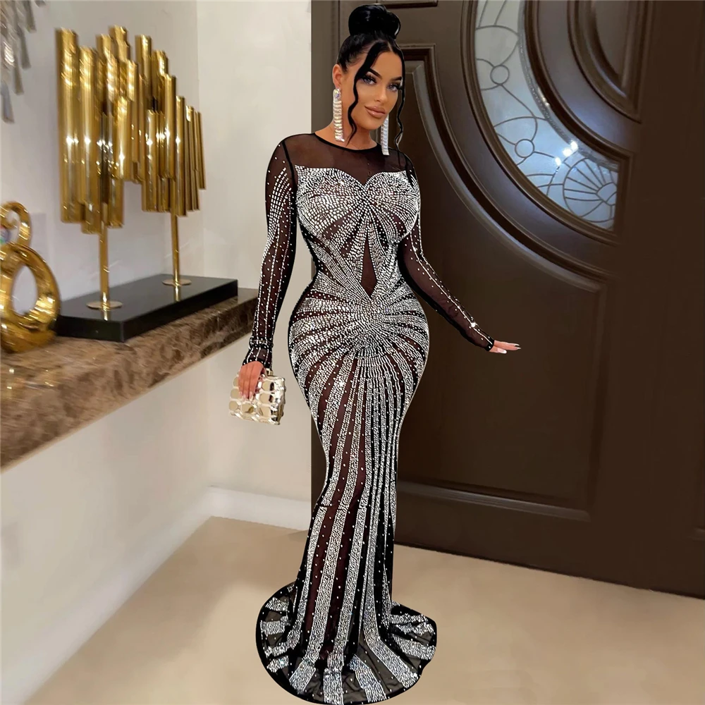 HBLL Best Quality Famous Brand Dress Shiny Diamond O-neck Long Sleeve Elegant Maxi Dress Sexy Sheer Party Dress Vestidos