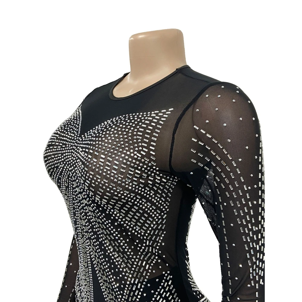 HBLL Best Quality Famous Brand Dress Shiny Diamond O-neck Long Sleeve Elegant Maxi Dress Sexy Sheer Party Dress Vestidos