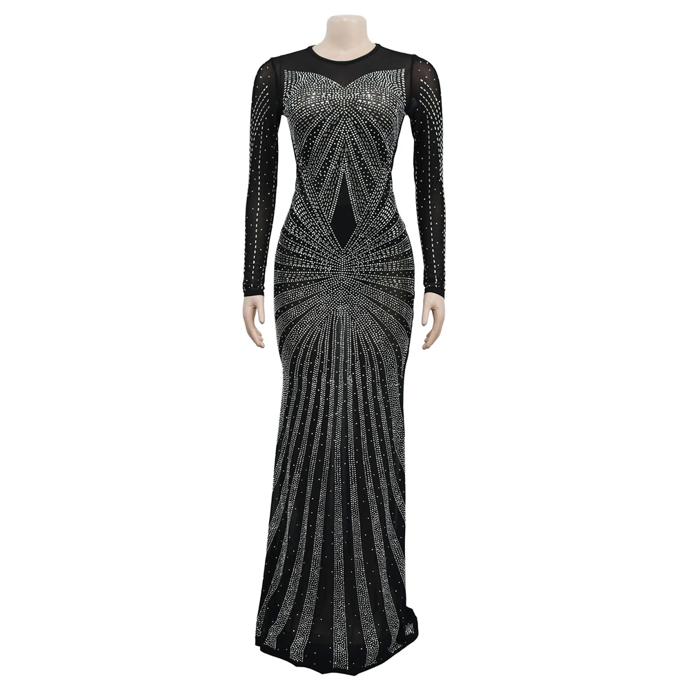 HBLL Best Quality Famous Brand Dress Shiny Diamond O-neck Long Sleeve Elegant Maxi Dress Sexy Sheer Party Dress Vestidos