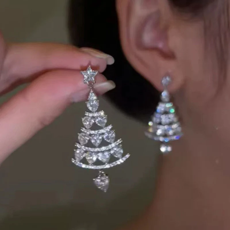 Colourful Zircon Christmas Tree Earrings For Women Sparkling Crystal Snowflake Elk Earring New Year Holiday Jewelry Gifts