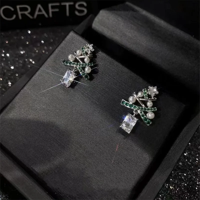 Colourful Zircon Christmas Tree Earrings For Women Sparkling Crystal Snowflake Elk Earring New Year Holiday Jewelry Gifts