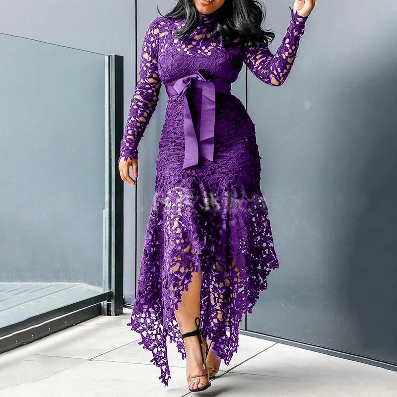 2024 Spring New Fashionable French Lace Stand Up Collar  Bubble Sleeves Waist Cinching Slimming Dress Elegant Long Dress