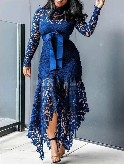 2024 Spring New Fashionable French Lace Stand Up Collar  Bubble Sleeves Waist Cinching Slimming Dress Elegant Long Dress