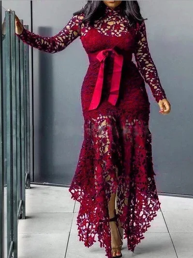 2024 Spring New Fashionable French Lace Stand Up Collar  Bubble Sleeves Waist Cinching Slimming Dress Elegant Long Dress