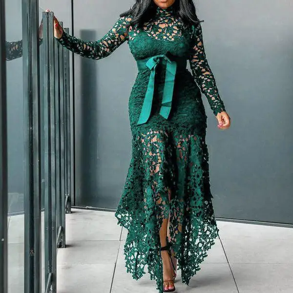 2024 Spring New Fashionable French Lace Stand Up Collar  Bubble Sleeves Waist Cinching Slimming Dress Elegant Long Dress