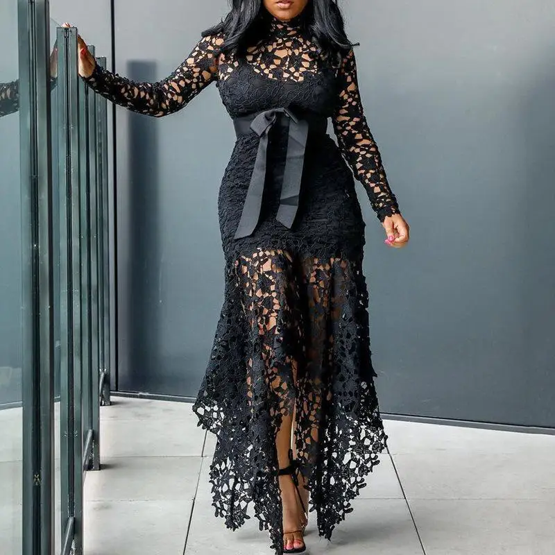 2024 Spring New Fashionable French Lace Stand Up Collar  Bubble Sleeves Waist Cinching Slimming Dress Elegant Long Dress