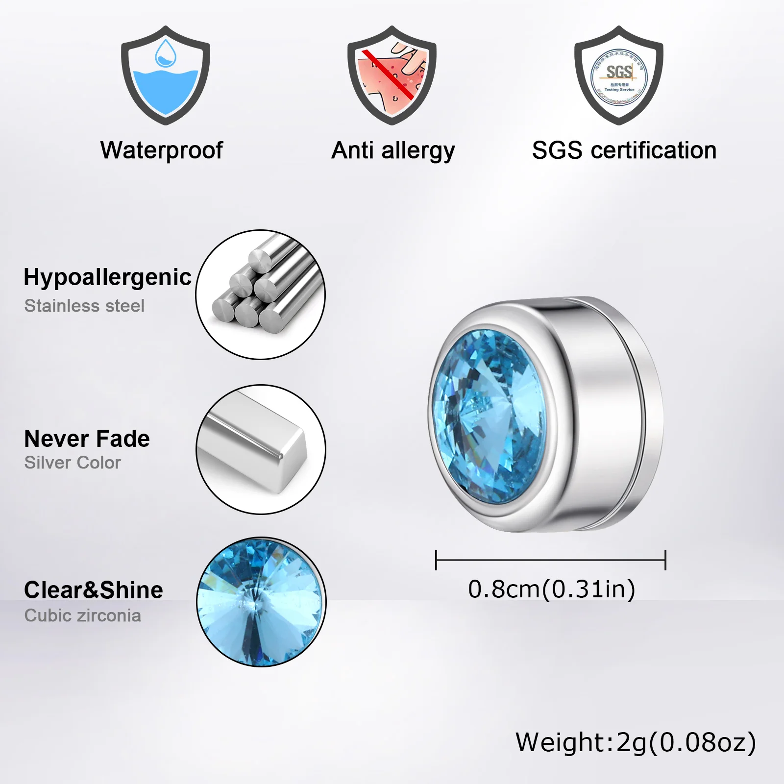 Magnetic Zircon Stud Earrings for Men,8mm Hypoallergenic Stainless Steel Non-Pierced Clip Earrings,Punk Rock Jewelry Gift