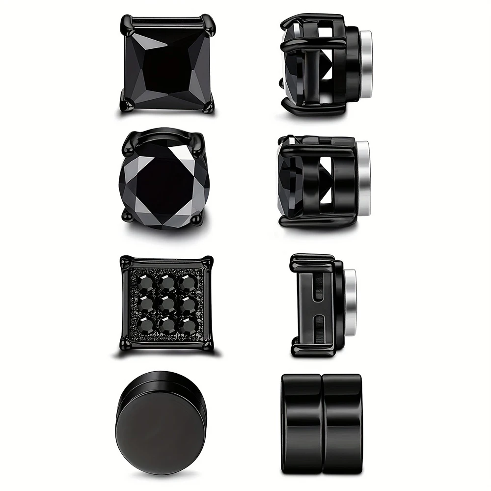 4 Pairs Stainless Steel Magnetic Stud Earrings, Fashion Cubic Zirconia Magnetic Non-piercing Ear Clip For Men