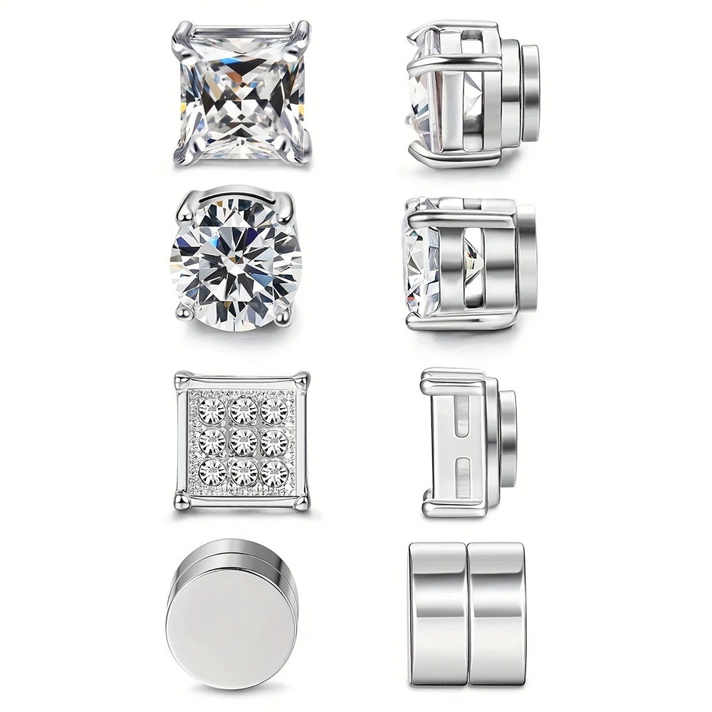 4 Pairs Stainless Steel Magnetic Stud Earrings, Fashion Cubic Zirconia Magnetic Non-piercing Ear Clip For Men