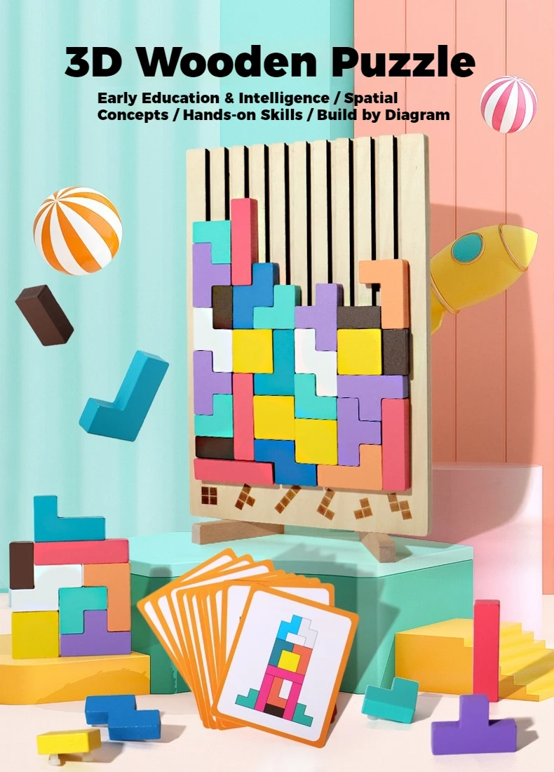 3D Wooden Puzzle, Building Blocks, Puzzle Game, Baby Logic Training Puzzle Toys, Parent-Child Interactive Games
