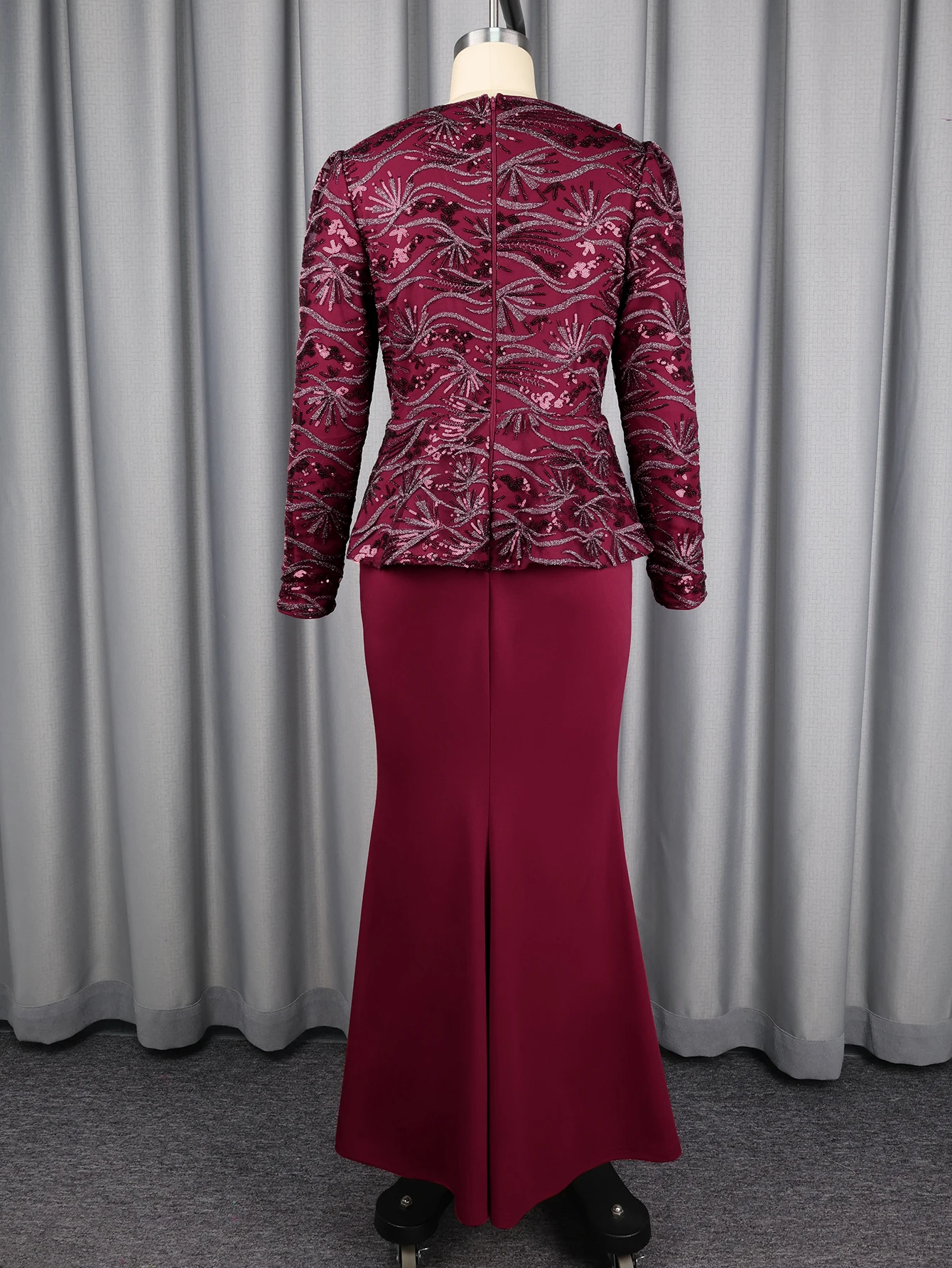 Elegant Women Sequin Dress V Neck Long Sleeves 3D Floral Design Peplum Waist Fitted Mermaid Hem Wedding Party Cocktail Events