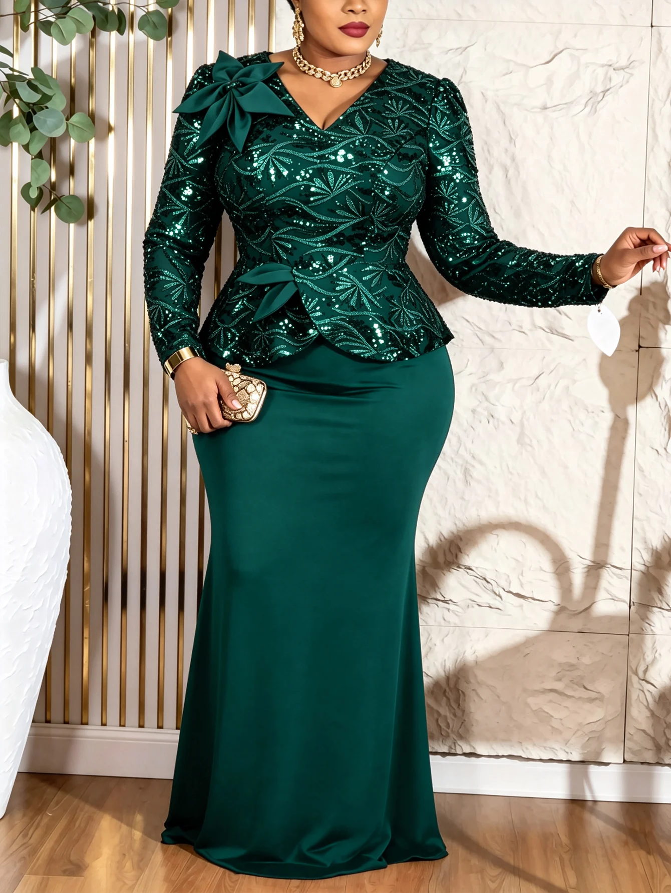 Elegant Women Sequin Dress V Neck Long Sleeves 3D Floral Design Peplum Waist Fitted Mermaid Hem Wedding Party Cocktail Events